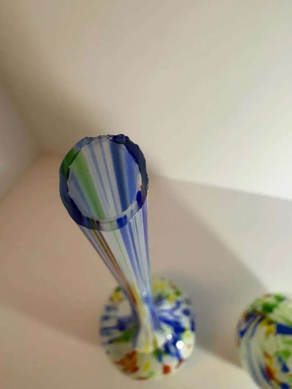 Vintage Hand Blown Glass Long Neck Bulb Vases Multi Color Confetti Ribbon Pair